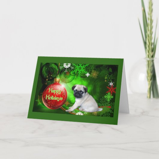 Pug de Rode Bal van de Kerstkaart van het Puppy Feestdagen Kaart (Voorkant)