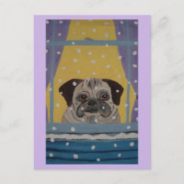 Pug die naar de sneeuw kijkt feestdagenkaart