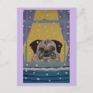 Pug die naar de sneeuw kijkt feestdagenkaart