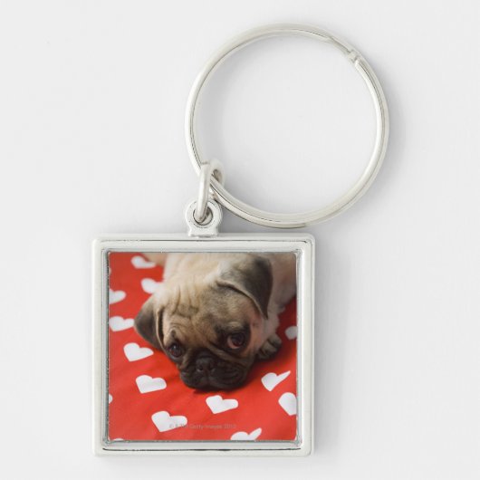Pug die op bed ligt, sluit dicht sleutelhanger (Voorkant)