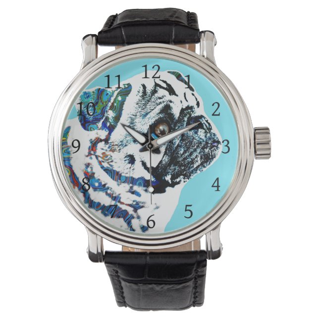 Pug Dog 166 turquoise blauwe achtergrond Horloge (Voorkant)