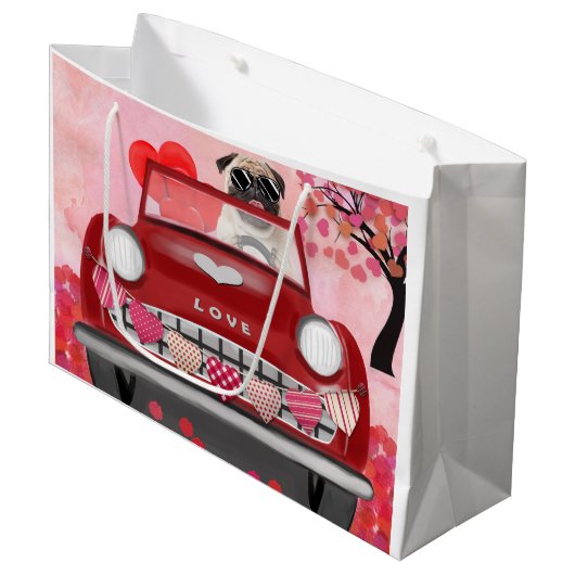 Pug Dog Auto met hart Valentijns Groot Cadeauzakje (Voorkant Gekanteld)