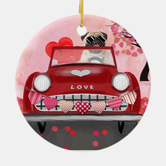 Pug Dog Auto met hart Valentijns Keramisch Ornament (Achterkant)