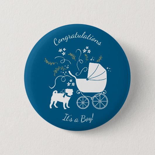 Pug Dog Baby shower Boy Blue met Bow Ronde Button 5,7 Cm (Voorkant)