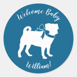 Pug Dog Baby shower Boy Blue met Bow Ronde Sticker
