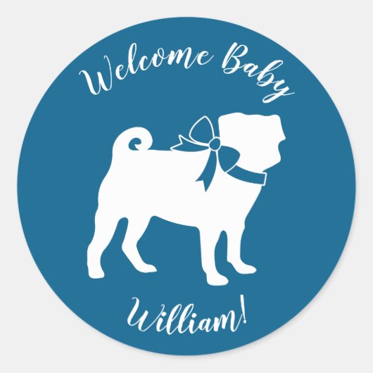 Pug Dog Baby shower Boy Blue met Bow Ronde Sticker (Voorkant)