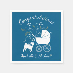 Pug Dog Baby shower Boy Blue met Bow Servet