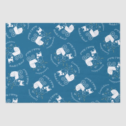 Pug Dog Baby shower Boy Blue met Bow Tissuepapier (Voorkant)