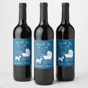 Pug Dog Baby shower Boy Blue met Bow Wijn Etiket