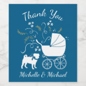 Pug Dog Baby shower Boy Blue met Bow Wijn Etiket (Enkel label)