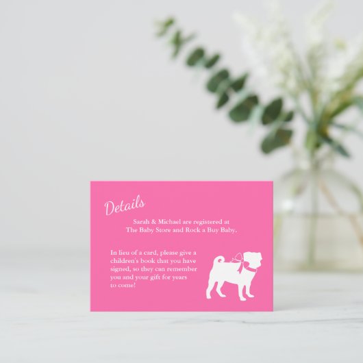 Pug Dog Baby shower Girl Pink met Bow Informatiekaartje (Staand voorkant)
