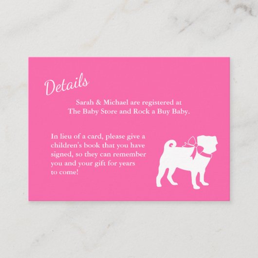 Pug Dog Baby shower Girl Pink met Bow Informatiekaartje (Voorkant)