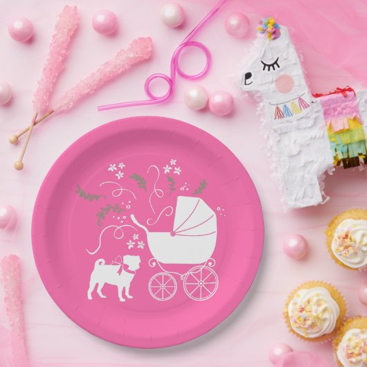 Pug Dog Baby shower Girl Pink met Bow Papieren Bordje (Feest)