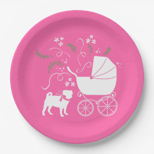 Pug Dog Baby shower Girl Pink met Bow Papieren Bordje