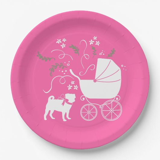 Pug Dog Baby shower Girl Pink met Bow Papieren Bordje (Voorkant)