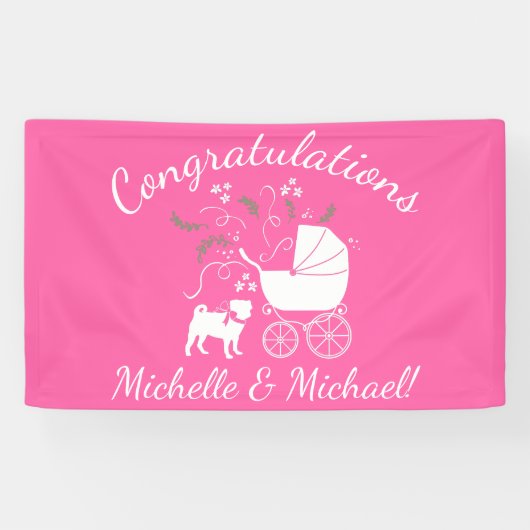 Pug Dog Baby shower Girl Pink met Bow Spandoek (Horizontaal)