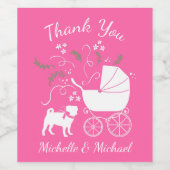 Pug Dog Baby shower Girl Pink met Bow Wijn Etiket (Enkel label)