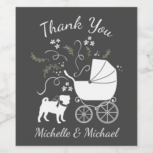Pug Dog Baby shower Grey Puppy Gender Neutral Wijn Etiket (Enkel label)
