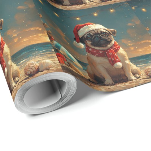Pug Dog Christmas Beach Cadeaupapier (Rol Hoek)