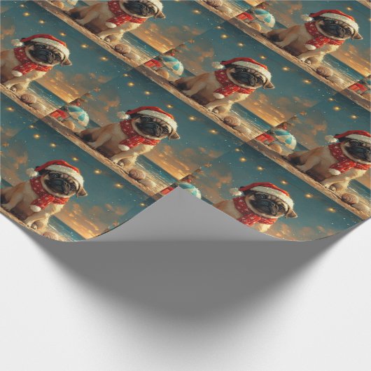 Pug Dog Christmas Beach Cadeaupapier (Hoek)