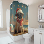 Pug Dog Christmas  Beach Douchegordijn<br><div class="desc">Breng de warmte van de feestdagen naar de kust met dit charmante, op vintages geïnspireerde ontwerp met een feestelijke hond die op een sereen strand zit. Met een klassieke vakantietoets van nostalgische tinten en kustvibes, vangt dit kunstwerk de magie van Kerstmis door het zee. Perfect voor het verspreiden van feestvreugde,...</div>