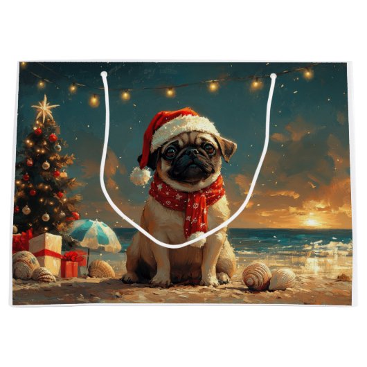Pug Dog Christmas  Beach Groot Cadeauzakje (Voorkant)