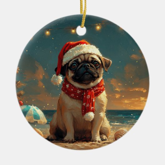 Pug Dog Christmas  Beach Keramisch Ornament (Voorkant)