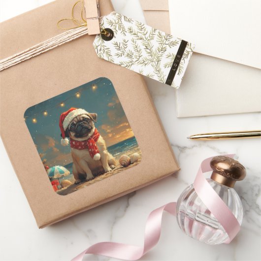 Pug Dog Christmas  Beach Vierkante Sticker (Geschenken)