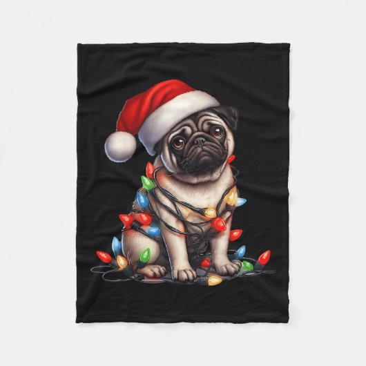 Pug Dog Christmas Lights Santa Hat Dog Lover  Fleece Deken (Voorkant)