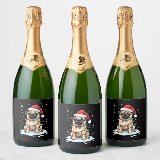 Pug Dog Christmas Men Women (2) Sparkling Wijnetiket (Flessen)