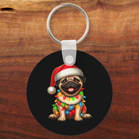 Pug Dog Christmas Tree Lights Santa Xmas Pajama Do Sleutelhanger (Voorkant)