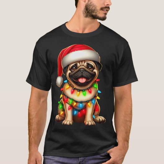 Pug Dog Christmas Tree Lights Santa Xmas Pajama Do T-shirt (Voorkant)
