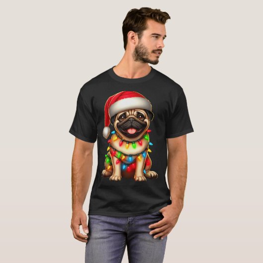 Pug Dog Christmas Tree Lights Santa Xmas Pajama Do T-shirt (Voorkant volledig)