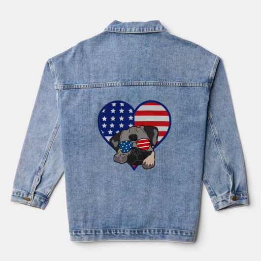 Pug Dog Dragen Zonnebril USA Flag Hart Vrouwen Denim Jacket (Achterkant)