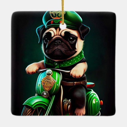 Pug Dog Driving Bike St. Patrick's Day Keramisch Ornament (Achterkant)