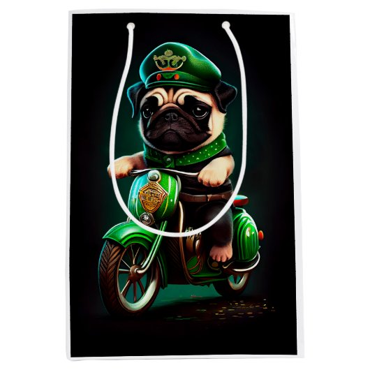 Pug Dog Driving Bike St. Patrick's Day Medium Cadeauzakje (Voorkant)