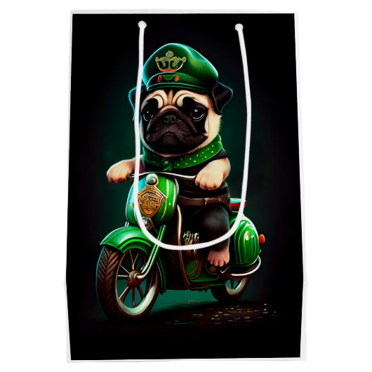 Pug Dog Driving Bike St. Patrick's Day Medium Cadeauzakje (Achterkant)