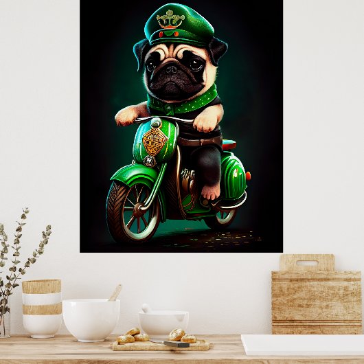 Pug Dog Driving Bike St. Patrick's Day Poster (Keuken)