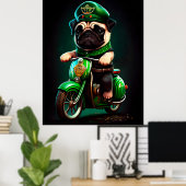 Pug Dog Driving Bike St. Patrick's Day Poster (Thuiskantoor)