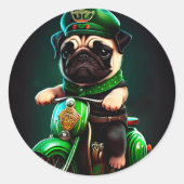 Pug Dog Driving Bike St. Patrick's Day Ronde Sticker (Voorkant)