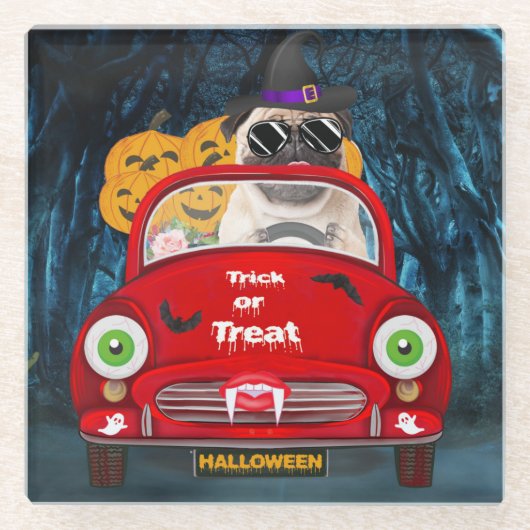 Pug Dog Driving Car Scary Halloween Glazen Onderzetter (Voorkant)