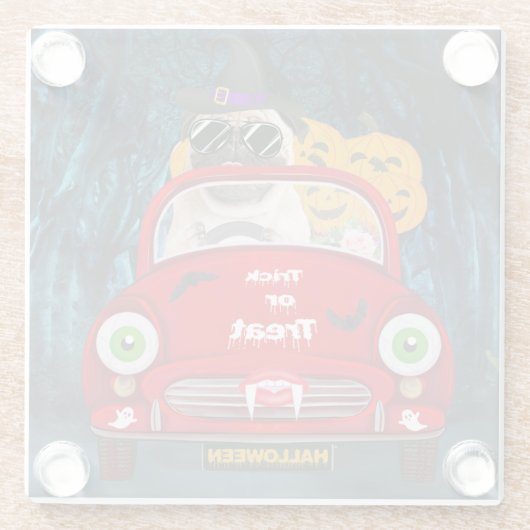 Pug Dog Driving Car Scary Halloween Glazen Onderzetter (Achterkant)