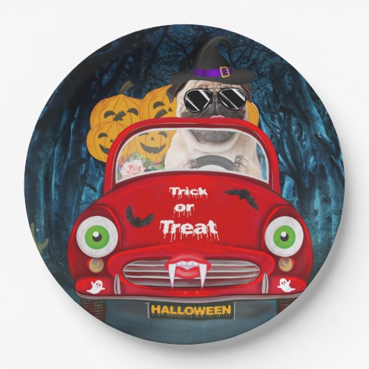 Pug Dog Driving Car Scary Halloween Papieren Bordje (Voorkant)