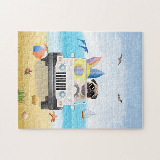 pug Dog Driving op strand Legpuzzel (Horizontaal)