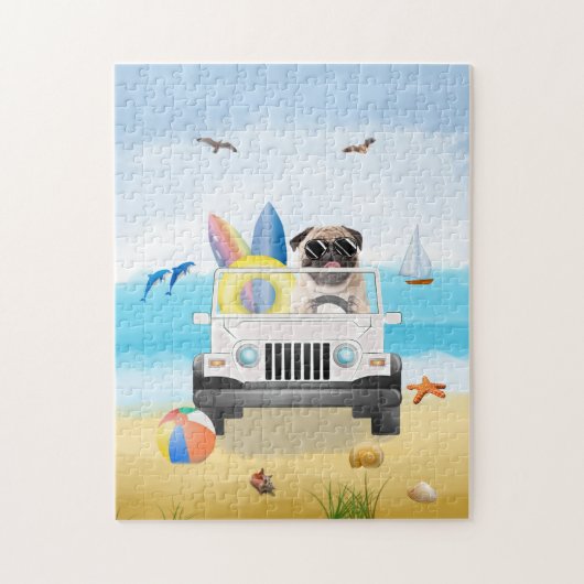 pug Dog Driving op strand Legpuzzel (Verticaal)