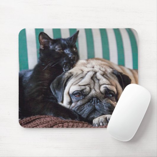 Pug Dog en Black Cat Slapen samen Muismat (Met muis)