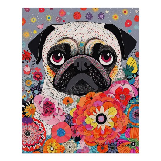 Pug Dog en Bloemen 001 - Kleerjuweel Perfect Poster (Voorkant)