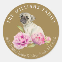 Pug Dog en Peony Flowers | Label gezinsadres
