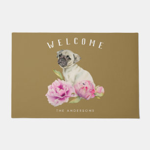 Pug Dog Floral Welkom   Familienaam toevoegen Deurmat