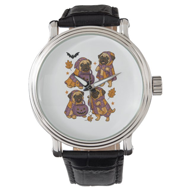 Pug Dog Ghost Halloween Spooky Horloge (Voorkant)
